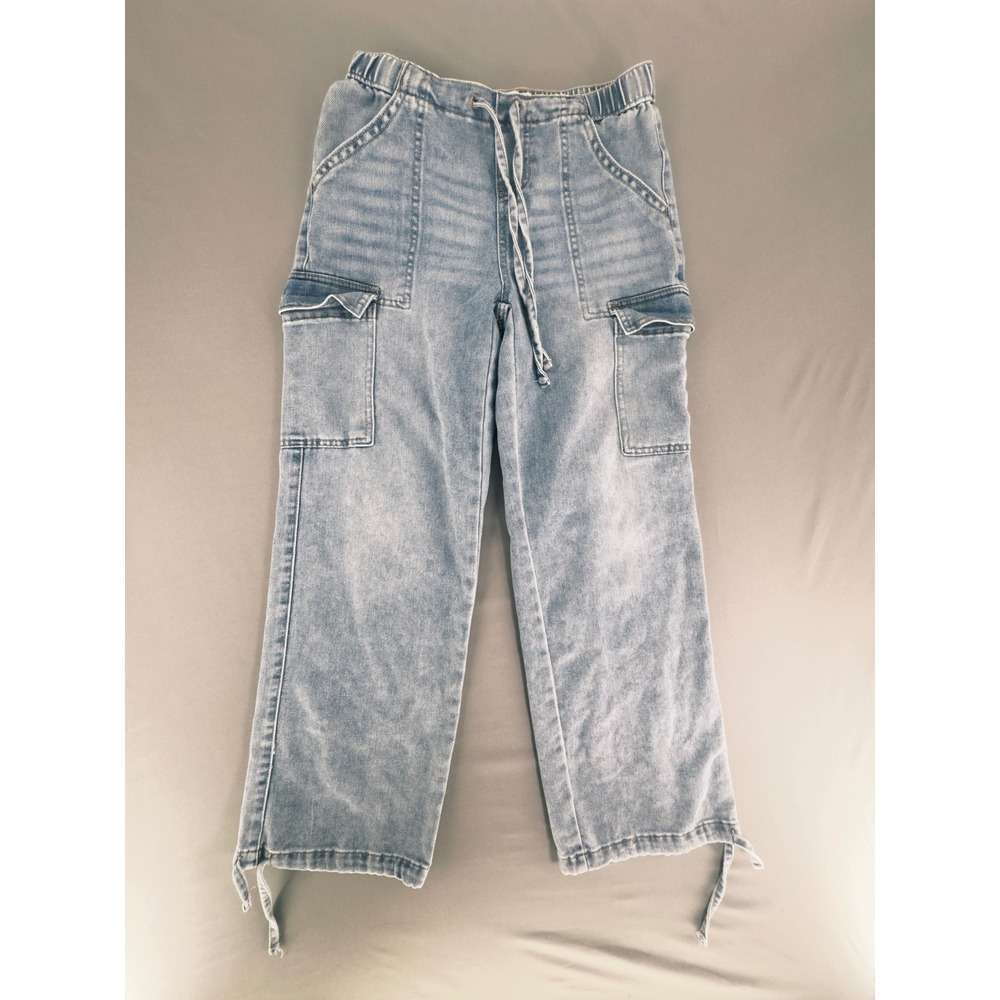 Vanilla Star Womens Light Wash Cargo Jeans Wide Leg Elastic Drawstring XS